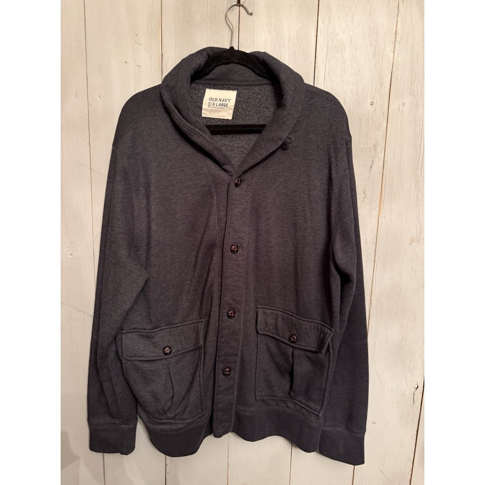 Old Navy Vintage Men's Brown Button Up Shawl Collar Grey Sweater Patch Elbow